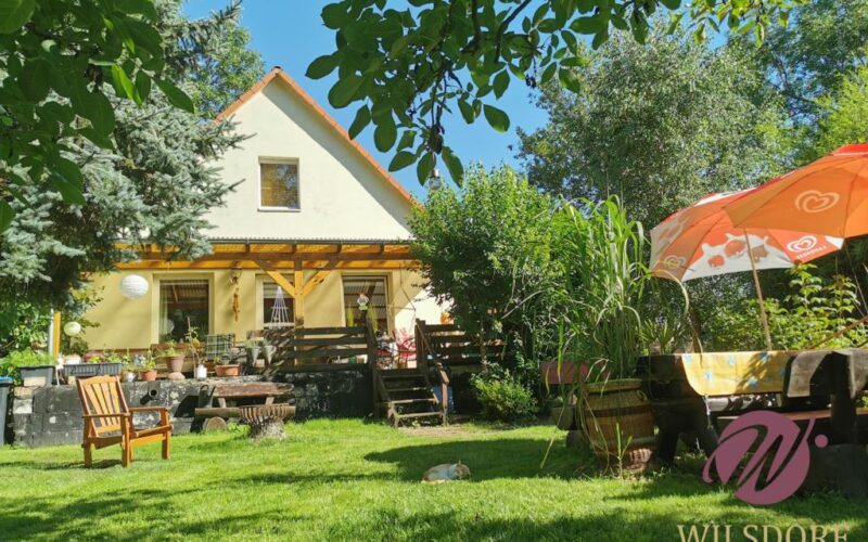 Terrasse und Wohnhaus vom Garten gesehen